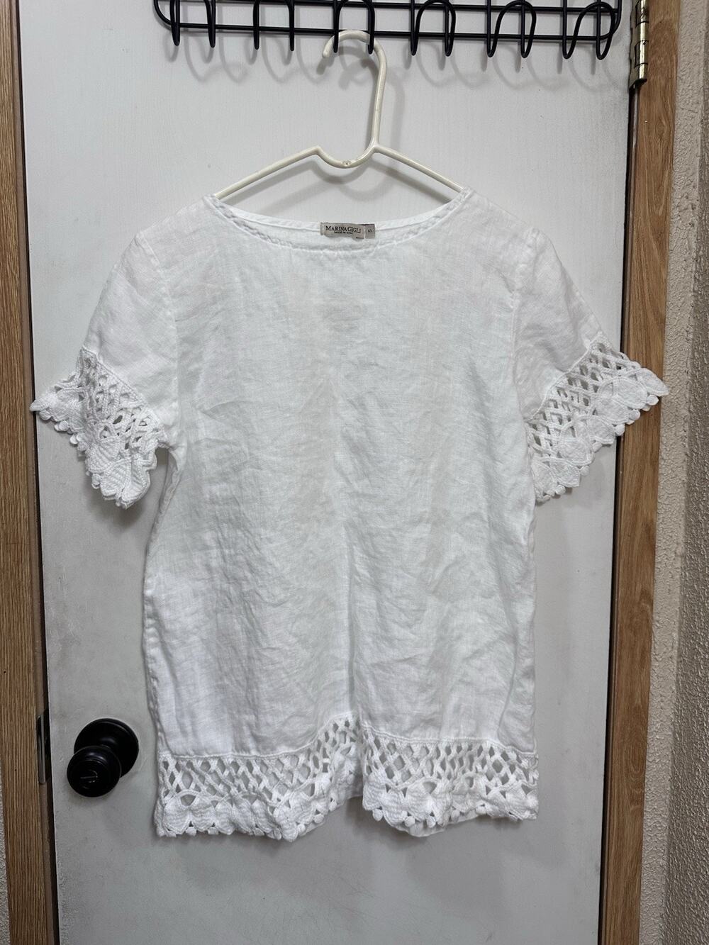 Marina Gigli Top Small White Linen Lace Trim Blouse Lagenlook Beach Resort